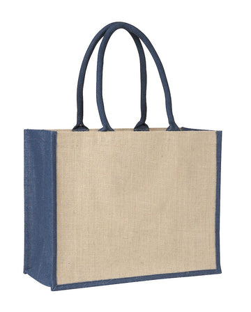 LJ 0137 BL (Contrast Blue) - Laminated Jute Supermarket Bag with Blue Handles and Gussets